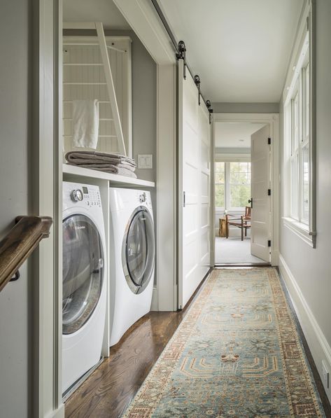 Family Farmhouse - Farmhouse - Laundry Room - Boston - by Adams + Beasley Associates | Houzz Hallway Laundry, Rustic Home Offices, Drying Room, Hallway Closet, Laundry Room Doors, Laundry Design, Barn Style Doors, Farmhouse Laundry Room, Faux Plafond