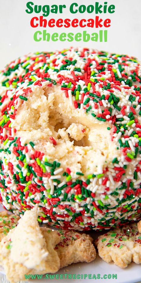 Christmas Dessert Cheeseball, Sugar Cookie Cheese Ball, Sugar Cookie Dough Cheesecake, Christmas Cookie Cheesecake, Christmas Sugar Cookie Cheesecake, Cheesecake Cheeseball, Candy Cane Fudge, New Year Treats, Cheese Logs