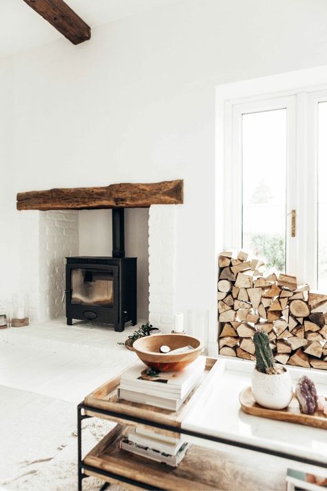 Brick Fireplace White, Wood Burning Stoves Living Room, Fireplace White, Natural Interiors, White Brick Fireplace, Wood Stacking, Painted Brick Fireplace, Brick Fireplace Makeover, Farm Gate