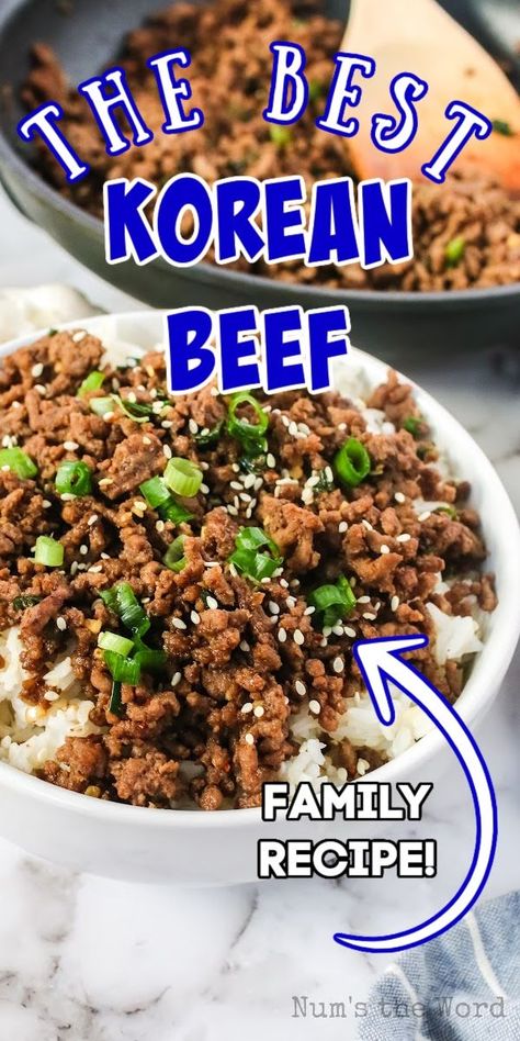 Korean Beef is all the delicious flavors of Asian BBQ whipped up in the comfort of your own home! Super easy and delicious. Spicy Korean Ground Beef, Healthy Korean Beef Recipe, Easy Beef Bowls, Easy Korean Bbq Recipes, Korean Beef Six Sisters, Korean Beef Barbeque, Beef Bim Bap Recipe, Korean Bbq Ground Turkey, Korean Beef Bbq Recipe