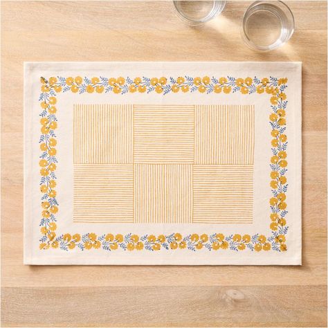 Soil to Studio Shikha Block-Printed Cotton Placemats (Set of 2) | West Elm Placemats Wipeable, Table Placemats Ideas, Simple Placemats, Table Textiles, Block Printing Diy, Kitchen Embroidery Designs, Printed Placemats, Cotton Placemats, Table Placemat