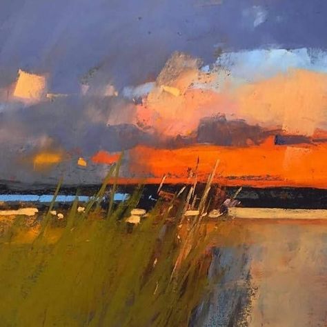 Abstract Oil Painting Landscape, Abstract Sunset Painting Acrylics, Art Inspiration Painting Abstract, Pastel Landscape Art, Sunset Abstract Painting, Tony Allain, Abstract Sunset Painting, Orange Landscape, Sunset Acrylic Painting