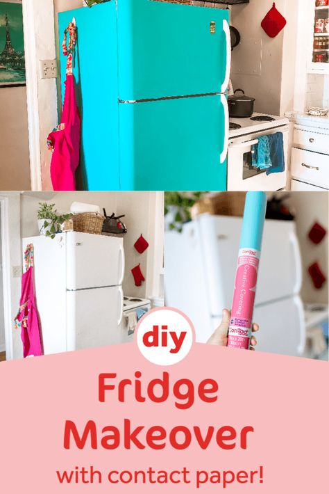 DIY: How I Put Contact Paper On My Fridge (Before & After Photos!) Cover Fridge Contact Paper, Vinyl Wrap Fridge Diy, Wrapped Appliances, Contact Paper On Fridge, Contact Paper Refrigerator, Contact Paper Fridge, Renting Hacks, Contact Paper Ideas, Sorority Dorm Room