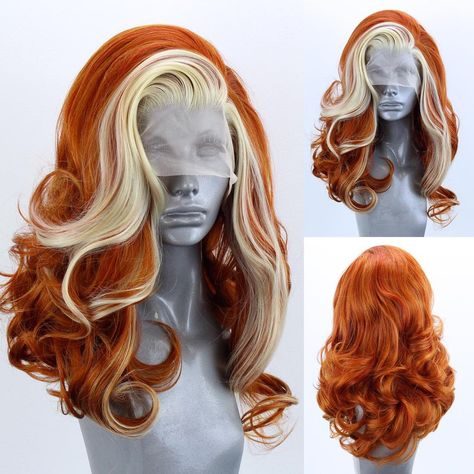 Webster Wigs on Instagram: “🔥😍 Marilyn is now live in our brand new colour “Ginger Spice”!😍🔥 She’s our Fiery Red “Fire Blend” with a Blonde front streak in 16” long…” Ginger Spice Hair Color, Small Blonde Highlights, Blonde Front Streak, Ginger Spice Hair, Spice Hair Color, Fire Red Hair, Webster Wigs, Long Loose Curls, Ginger Hair Color