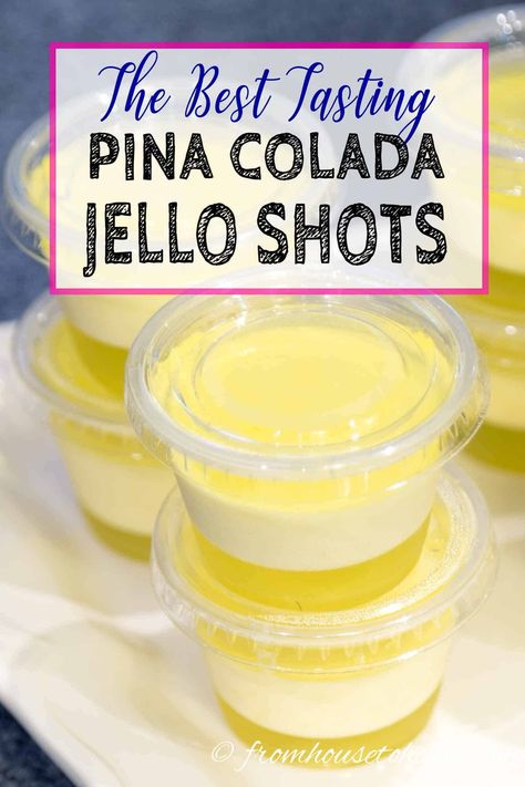 These are the best tasting jello shots ever! The Malibu rum, Island Pineapple jello and coconut cream pudding make the perfect Pina Colada jello shot recipe. #entertainingdiva #jelloshots #cocktailrecipe #cocktails #drinks #cocktails #coconutrumjelloshots #drinks #jelloshots #layeredjelloshots #rumjelloshots #yellowjelloshots #jelloshots Pina Colada Jello Shots Recipe, Coconut Cream Pudding, Pina Colada Jello Shots, Rum Jello Shots, Jello Shooters, Best Jello Shots, Pineapple Jello, Jello Pudding Shots, Halloween Jello Shots