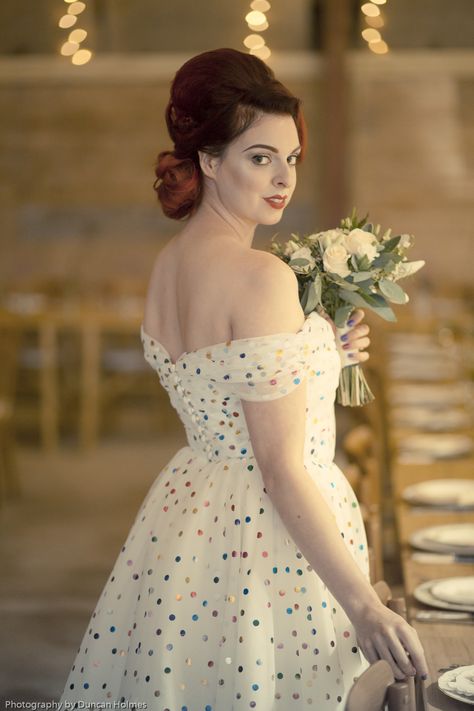 off the shoulder multi coloured polka dot wedding dress with ballerina length skirt. photo by https://duncanholmesphotography.co.uk/ Wedding Dress With Polka Dots, Wedding Dress Polka Dot, Polka Dot Tulle Wedding Dress, Dot Wedding Dress, Polka Dot Tulle Dress, Polka Dot Dress Vintage, Polka Dot Wedding Dress, Wedding Dress Off The Shoulder, 60s Wedding