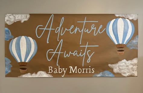 Baby Shower Painted Banner Adventure Awaits  Standard Size Options : 3 feet tall by 4-8 feet long (depending on option chosen).  By request- 2 feet tall by 4-8 feet long (depending on option chosen These are painted on high quality banner paper.  Please include the following in the personalization details: Wording Theme of the event, specific banner requests color choices for paint font type (script, handwritten, etc.) Event Date I'll email a digital mock up of your banner for final proof before Baby Shower Banner Painted, Baby Shower Painted Banner, Brown Paper Painted Banner, Painted Banner Ideas, Baby Shower Banner Ideas, Banner Painting, Baby Shower Banners, Baby Boy Banner, Painted Banner