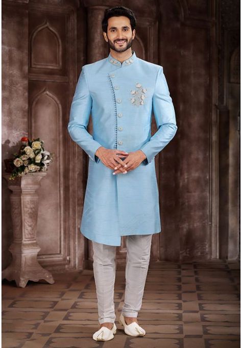 Sky Blue Art Silk Men Sherwani Blue Indo Western Dress, Tilak Ceremony, Western Outfits For Men, Western Dress For Men, Indo Western Dress For Men, Mens Sherwani, Sherwani For Men, Salwar Dress, Aqua Blue Color