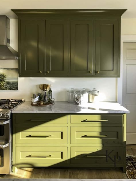 Olive Green Kitchen Cabinets - Painted by Kayla Payne Green Kitchen Cupboards, Olive Kitchen, Olive Green Paints, Olive Green Kitchen, Deco Fruit, Kitchen Cupboards Paint, Rustic Kitchen Cabinets, Green Kitchen Cabinets, Green Cabinets