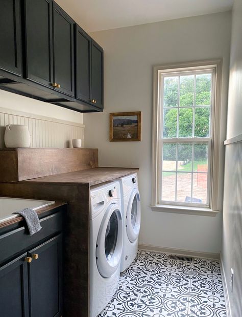 How to Hide Washer and Dryer Hookups - With Love, Yami Blue Beadboard, Dingy Whites, Faux Marble Countertop, Beadboard Wainscoting, White Laundry Rooms, Laundry Room Renovation, Wood Countertops, Room Redo, Rooms Reveal