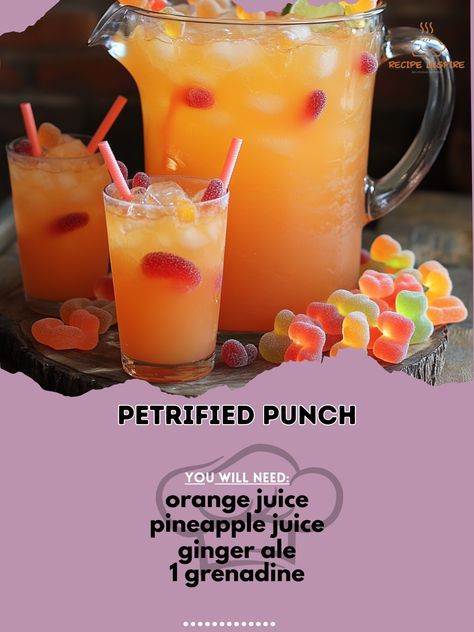 👻🍹 Spook up your Halloween party with Petrified Punch! A chilling concoction sure to mesmerize your guests. #Halloween #Recipe Petrified Punch Ingredients: - 2 cups orange juice - 1 cup pineapple juice - 1 cup ginger ale - 1/2 cup grenadine - 1/4 cup fresh lime juice - 1 cup rum (optional) - Ice cubes - Gummy worms for garnish Instructions: 1. In a large pitcher, combine orange juice, pineapple juice, ginger ale, grenadine, lime juice, and rum (if using). 2. Stir well to mix all the ingredi... Fall Jungle Juice Recipe, Gummy Worms, Halloween Recipe, Ginger Ale, Fresh Lime, Pineapple Juice, Ice Cubes, Fresh Lime Juice, Orange Juice