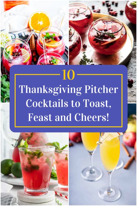 Collage of 4 thanksgiving pitcher cocktails. Thanksgiving Cocktail Party, Holiday Cocktails Thanksgiving, Pitcher Drink Recipes, Fun Holiday Drinks, Thanksgiving Recipes Drinks, Cocktail Recipes For A Crowd, Holiday Party Drinks, Thanksgiving Punch, Holiday Drinks Alcohol