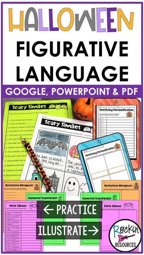 figurative language, halloween, activity, october, simile, metaphor, alliteration, personification, onomatopoeia, hyperbole, idiom, centers, distance learning, morning work, digital, printable, writing Fall Reading Activities, Third Grade Halloween, Fall Writing Activities, Halloween Language Arts, Halloween Classroom Activities, Figurative Language Activity, 5th Grade Activities, Autumn Teaching Ideas, Third Grade Activities