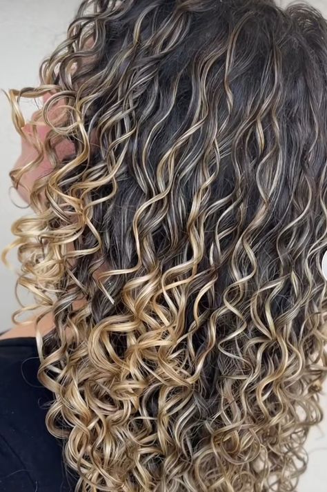 Highlight Ends Of Hair, Blonde Ends Curly Hair, Blond Highlights Wavy Hair, Balayage Curly Hair Natural Curls Dark Brown Blonde Ombre, Foil Blonde Highlights, Chunky Blonde Highlights Curly Hair, Curly Balayage Hair Brunettes, Curly Brunette Hair With Highlights, Pintura Highlights Curly