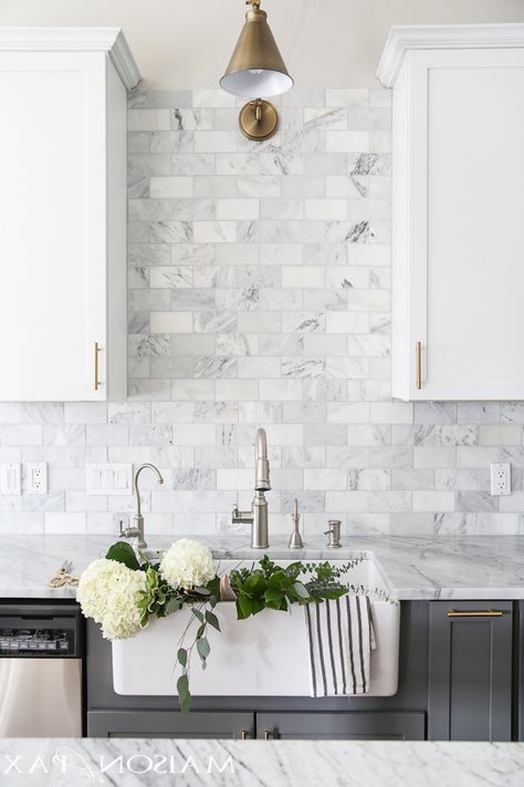 gray cabinets with marble countertops tiles in different shades of gray and white kitchen tile backsplash ideas Modern Kitchen Backsplash, White Kitchen Backsplash, Grey Backsplash, Kitchen Backsplash Designs, Tuscan Kitchen, Tile Countertops, Backsplash Designs, Marble Backsplash, New Kitchen Cabinets