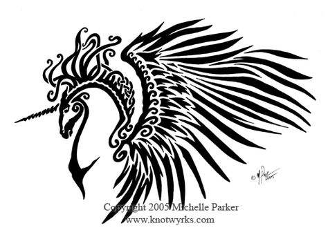 Celtic Tribal Winged Unicorn by ~Mparker on deviantART. I love the wings on the unicorn; possible back tattoo of just the wings Celtic Horse Tattoo, Celtic Unicorn, Etching Patterns, Pegasus Tattoo, Winged Unicorn, Unicorn Tattoo, Horse Tattoo Design, Bestie Tattoo, Flying Unicorn