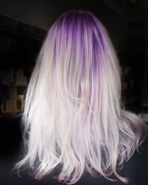 Purple melt 🖤⚡️ @joico colors for the purple and @loreal #dialight for her icy blonde ⚡️ Purple Platinum Blonde Hair, Icy Purple Hair, Icy Purple Blonde Hair, Purple White Hair, Purple Blonde Hair, Purple Blonde, Joico Color, Icy Blonde, Platinum Blonde Hair