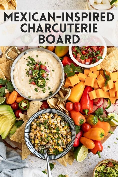 Make this Mexican-Inspired Charcuterie Board for your next party or taco night at home. With several dips, cheeses, and fresh veggies, you'll love this perfect spread of texture and flavor that's easily customizable. Mexican Fiesta Grazing Table, Charcuterie Mexican Board, Jamaican Charcuterie Board, Mexican Cheese Board, Mexican Charcuterie Cups, Charcuterie Board Ideas Mexican, Mexican Board Ideas, Fiesta Charcuterie Board, Mexican Appetizers For Party Easy Finger Foods