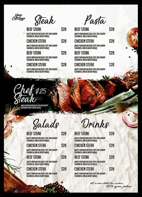 Steak House Menu #Affiliate #Steak, #spon, #House, #Menu Grill Restaurant Menu Design, Steak Menu Ideas, Steak House Design Restaurants, Steak Logo Design, Grill Menu Design, Ribs Grill, Steak House Menu, Steakhouse Design, Design Produk