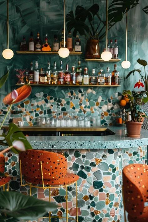 Chic Bar Backsplash Ideas to Elevate Your Space Retro Bar Interior Design, Bar Tiles Design, Tile On Bar Wall, Commercial Bar Ideas, Funky Bar Design, Fun Bar Ideas, Bar Mood Board, Cocktail Bar Interior Design, Bar Backsplash Ideas