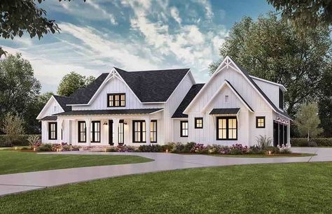 House Plan 41467 - Ranch Style with 3346 Sq Ft, 4 Bed, 3 Bath, 2 4 Bedroom 4.5 Bath House Plans, 3300 Sq Ft House Plans, French Front Doors, Farmhouse Floor Plans, Split Bedroom, Ranch Style House Plans, Farmhouse Style House Plans, Farmhouse House, Ranch Style Homes