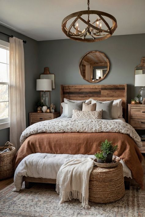 bedroom design style, bedroom decor ideas, interior design trends, modern bedroom design New House Bedroom Ideas, Master Bedrooms Decor Rustic Modern, Bedroom Inspo Master, Master Bed Design Ideas, Rustic Modern Style, Boho Masculine Bedroom, Boho Farmhouse Master Room Bedroom Ideas, Gray Bedroom Inspirations, Ranch Style Bedroom Ideas