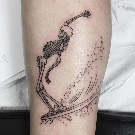 Surfing skeleton tattoo Surfing Tattoo, Surfing Skeleton, Fallen Angel Art, Surf Tattoo, Ocean Tattoo, Skeleton Tattoo, Skeleton Tattoos, Norse Tattoo, Shark Tattoos