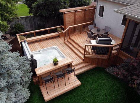 Backyard Hot Tub Privacy Designs Hot Tub Recessed In Deck, Backyard Deck Ideas On A Budget, Deck With Hot Tub, Hot Tub Deck Design, Hot Tub Privacy, Spa House, Backyard Vacation, Sunken Hot Tub, Round Hot Tub