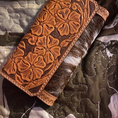 Tooled leather wallet hair on hide Tooled Flowers, Custom Leather Work, Tooled Leather Wallet, Money Pocket, Hidden Colors, Handmade Wallet, Handmade Wallets, Tooled Leather, Pen Holder