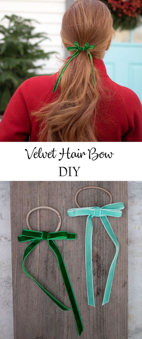 Hair Ribbons Diy, Hair Bow Diy, Velvet Hair Bow, Ribbon Hair Ties, Hair Ties Diy, Bow Diy, Diy Bows, Hair Ribbons, Velvet Hair