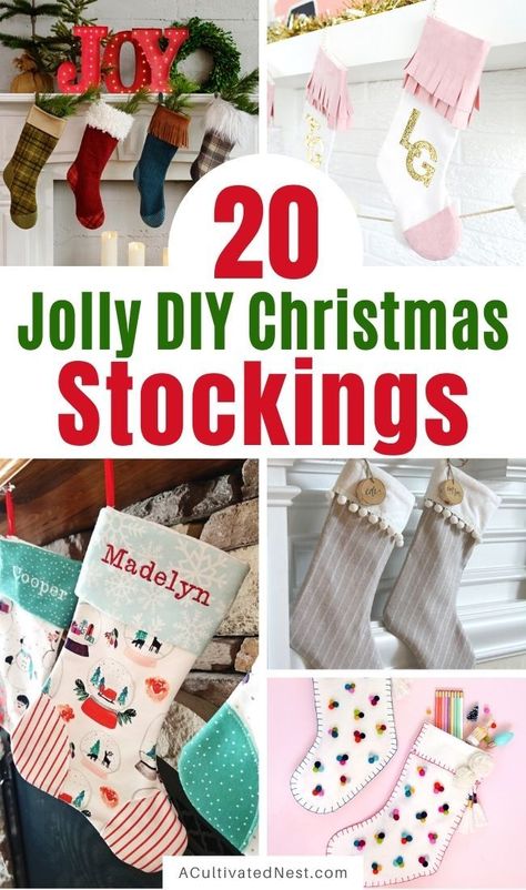 20 Jolly DIY Christmas Stockings- Make your Christmas stockings personalized this year with these easy tutorials for how to make DIY Christmas stockings! These are great projects for all levels of sewing skill! | #homemadeChristmasStockings #ChristmasSewing #diyProjects #ChristmasStockings #ACultivatedNest Diy Stocking Decorating Ideas, Sew Christmas Stocking, Sweater Christmas Stockings, Diy Christmas Stockings, Diy Christmas Canvas, Striped Christmas Stocking, Sewing Beginners, Sewn Christmas Ornaments, Christmas Decs