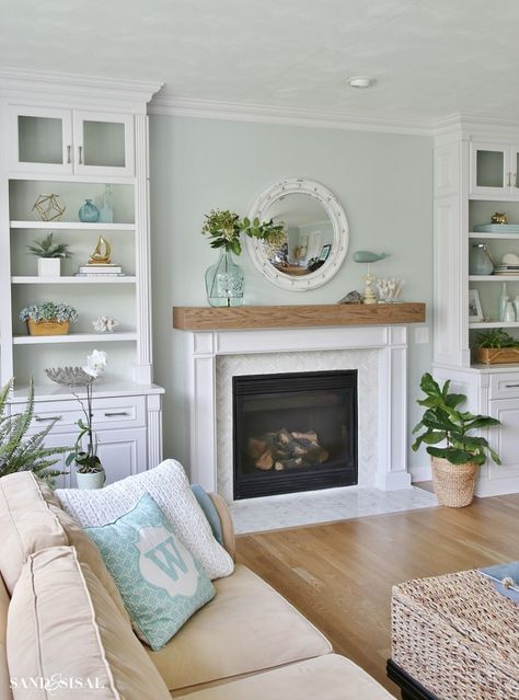 Coastal Familyroom with Builtins and Wood Beam Fireplace Wood Beam Fireplace, Coastal Family Rooms, Beam Fireplace, Fireplace Built Ins, Wood Beam, Living Room Decor Fireplace, Coastal Living Rooms, Small Living Room Decor, Coastal Living Room