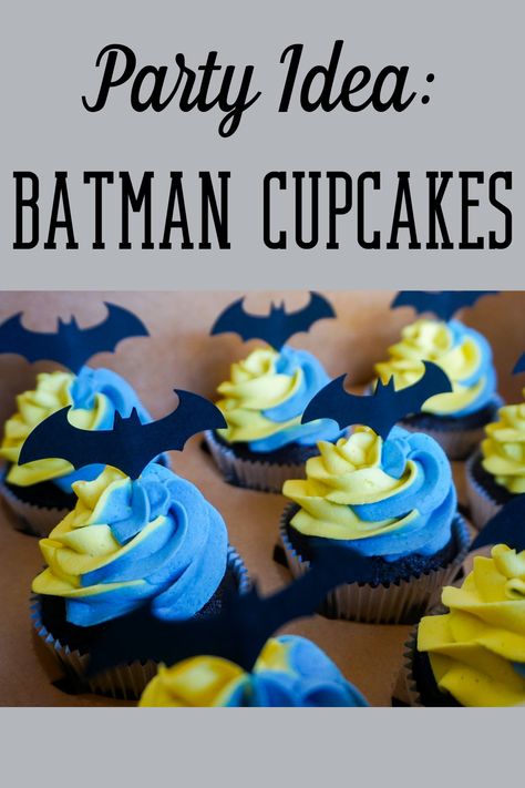 A great party idea! Batman themed cupcakes made with chocolate cupcakes and vanilla buttercream with a blue and yellow swirl with natural food coloring. Custom toppers with the batman logo.  #chocolatecake #chocolatecupcakes #vanillabuttercream #vanillafrosting #naturalfoodcoloring #batmancupcakes #batmanparty #batmanbirthday #ideas #batmanbirthdayideas #batmancake #kidsbirthday #kidsbirthdayideas #batman #dessert #dessertideas #mtnsidebakery #cupcakes #chocolate Batman Cake And Cupcakes, Batman Cupcakes Ideas, Batman Food, Cake Diy Easy, Batman Cupcakes, The Batman Logo, 1st Birthday Cupcakes, Chocolate Frosting Recipes, Batman Cake