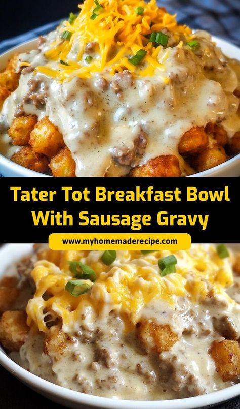 This Tater Tot Breakfast Bowl with Sausage Gravy is a hearty morning meal! Tater tots topped with savory sausage gravy, eggs, and cheese make for a delicious start to your day. Eggs Scrambled, Tater Tot Recipes, Tater Tot Breakfast Casserole, Eggs And Cheese, Breakfast Bowls Recipe, Breakfast Sausage Recipes, Scrambled Eggs Recipe, Tater Tot Breakfast, Slow Cooker Breakfast