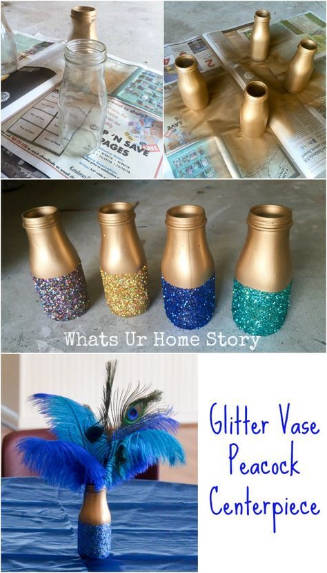 Diy Glitter Jar, Glitter Jars Diy, Peacock Birthday Party, Peacock Centerpieces, Glitter Vases, Peacock Crafts, Peacock Party, Centerpiece Diy, Peacock Christmas