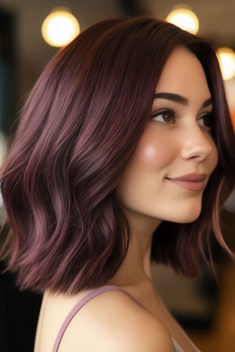 Mahogany Plum hair colour, fall hair color idea Dark Burgundy Ombre Hair, Mushroom Mulberry Hair Color, Medium Plum Hair, Deep Burgundy Hair Color Short, Light Plum Hair Color, Brown Plum Hair Color, Vr Hair Color, Hair Color Ideas For Shoulder Length, Hair Colour For Deep Winter