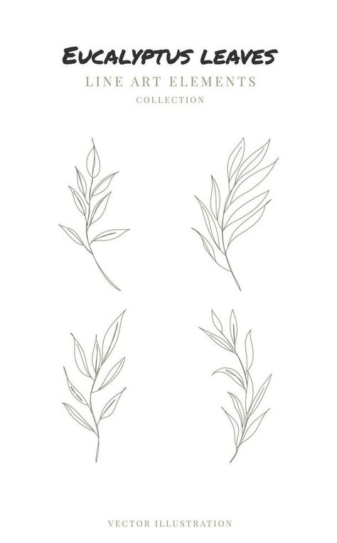 One line drawing of eucalyptus leaves. Hand drawn floral elements line art. Vector illustration Willow Eucalyptus Tattoo, One Line Drawing Leaf, Eucalyptus Vine Tattoo, Eucalyptus Fine Line Tattoo, Eucalyptus Tattoo Design, Eucalyptus Leaf Tattoo, Green Plants Drawing, Eucalyptus Leaves Tattoo, Leaves Hand Tattoo