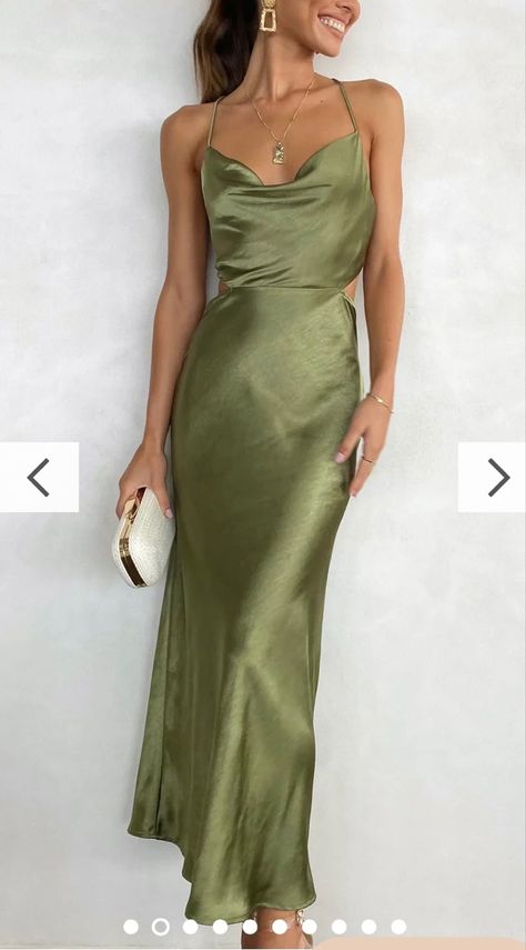 Year 10 Formal Dresses, Green Silk Dresses, Olive Dress, Olive Green Dresses, Silk Slip Dress, Cowl Neckline, Gala Dresses, Green Midi Dress, Black Maxi Dress