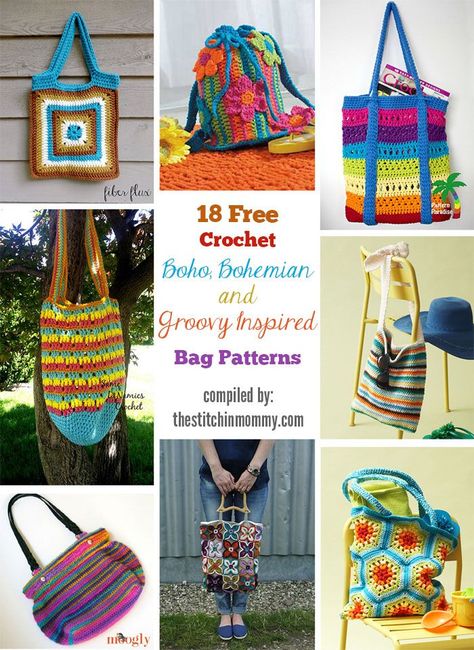 18 Free Crochet Boho, Bohemian and Groovy Inspired Bag Patterns compiled by The Stitchin' Mommy | http://www.thestitchinmommy.com Boho Bag Pattern Free, Crochet Boho Bag Pattern, Boho Bag Pattern, Crochet Boho Bag, Free Crochet Bag, Crochet Shell Stitch, Bag Pattern Free, Crochet Boho, Crochet Basket Pattern