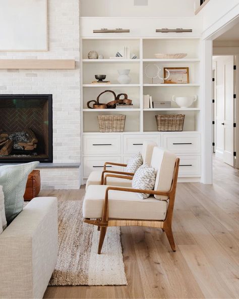 Studio McGee on Instagram: “We’ll never get tired of styling a beautiful set of built-ins 👌🏼 If you missed it, we launched a new project today!! Head to the blog to…” Mcgee And Co Living Room, Fireplace Chairs, Built In Shelves Living Room, Living Room Built Ins, Fireplace Built Ins, Home Fireplace, Studio Mcgee, Living Room Inspo, A Living Room