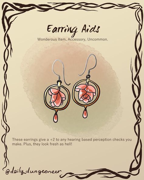 dailyDungeoneer on Instagram: “Earring Aids  Please consider supporting me on Patreon if you like my work! (link in bio) • • • • • • • • • #dnd #pathfinder #fantasyart…” Empath Warrior, Dnd Earrings, Dnd Artifacts, Dnd Items, Blade And Soul, Dungeons And Dragons Art, Magic Items, Fantasy Props, Dnd Art