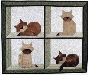 Free Quilt Pattern: Cat in the Attic - I Sew Free Attic Window Quilts, Cat Quilt Block, Cat Quilt Patterns, Wall Quilt Patterns, Quilt Modernen, Dog Quilts, Paper Pieced Quilt, Animal Quilts, Cat Quilt