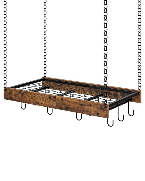 PRICES MAY VARY. Particleboard, iron Handy Storage: The pot rack comes with 12 detachable heavy-duty hooks and a central iron frame with mesh that not only hangs various pots and pans for easy access, but also holds additional pots above it. It’s great to display your cookwares and boost kitchen organization Space-Saving: Size: 24"L x 13"W x 2.4"H, the ceiling mounted pot hanger fully utilizes the space above and around the stove to free up cabinet space for convenient storage in kitchen, elimin Over Island Pot Rack, Kitchen Pan Hanging Ideas, Vintage Hanging Pot Rack, Pot Hangers For Kitchen, Pot Hanging Rack, Pan Hanging Rack, Pan Rack Hanging, Hang Pots And Pans, Hanging Pots And Pans