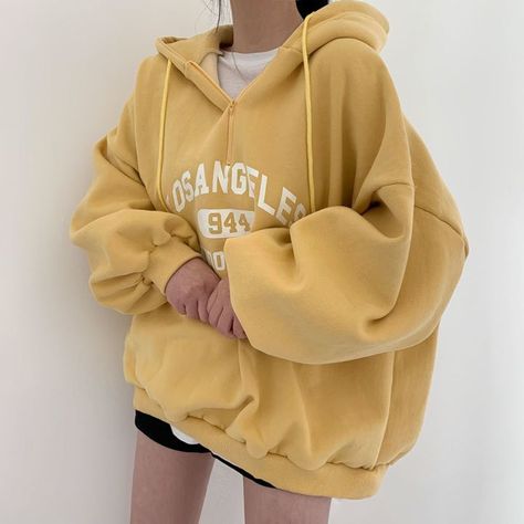 Plus Size Top Pattern, Women Kpop, Printed Hoodies, Letter Print Hoodie, Yellow Hoodie, Letter Print Sweatshirt, Zippered Sweater, Winter Sweatshirt, Vintage Lettering