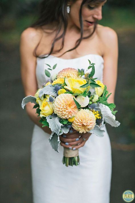 Yellow and orange dahlia floral bouquet, fall wedding flowers  | Photographed by Hudson Valley wedding photographers Clean Plate Pictures #hudsonvalleywedding #hudsonvalleyweddingphotography Dahlia Bridal Bouquet, Bouquet Fall Wedding, Orange Dahlia, Yellow Dahlia, Long Flower Dress, Dahlia Bouquet, Orange Wedding Flowers, Rustic Modern Wedding, Unique Wedding Flowers