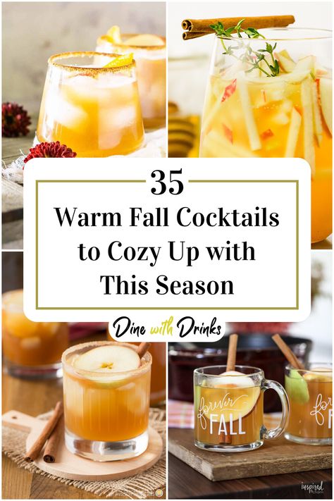 Collage of 4 warm fall cocktails. Hot Fall Drinks With Alcohol, Fall Alchol Drinks, Warm Fall Cocktails, Hot Alcoholic Drinks, Hot Fall Drinks, Fall Drinks Alcohol, Fall Punch Recipes, Fall Cocktail Recipes, Warm Drinks Recipes