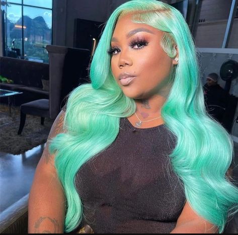 Get ready to slay with our new Mint Green Body Wave Lace Front Wig! Made from high-quality human hair and featuring a transparent HD lace base, this colored glueless wig offers a natural look and long-lasting wear. The link to this unit is in the comment section. #greenhair #mint #bellahaircrownz #wigs #fypシ #foryou Mint Green Side Part Wig, Green Wigs, Mint Green Hair, Wigs Hairstyles, Body Wave Lace Front Wig, Braided Hairstyles For Black Women Cornrows, Wave Lace Front Wig, Creative Hair Color, Hair Care Oil