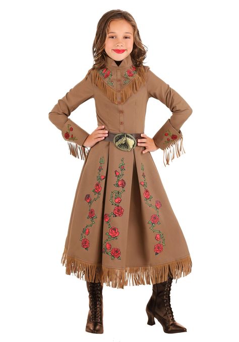 PRICES MAY VARY. Size: Medium COSTUME INCLUDES: This Annie Oakley Costume for kids includes a western dress and a faux leather belt with a metal buckle. FROM FUN COSTUMES: Halloween costumes are what we do and we're always excited to make outfits for the most famous figures of all time. Now your little one can experience the wild west by roleplaying as the legendary historical figure and ace sharpshooter Annie Oakley with this costume! AUTHENTIC DESIGN: We designed this Annie Oakley kids costume Annie Oakley Costume, Wax Museum Project, Western Costume, Pink Cowgirl Boots, Costume For Girls, Annie Oakley, Cowboy Costume, Cowgirl Costume, Calf Length Skirts