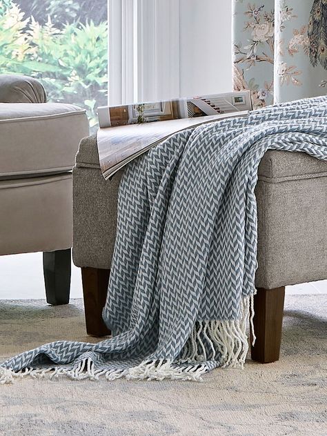 Laura Ashley Arya Throw, Sea Sofa With Throw, Laura Ashley Paint, Navy Sofa, Interior Themes, Scandi Living, Herringbone Design, Blue Throws, Net Bag, Woven Throw