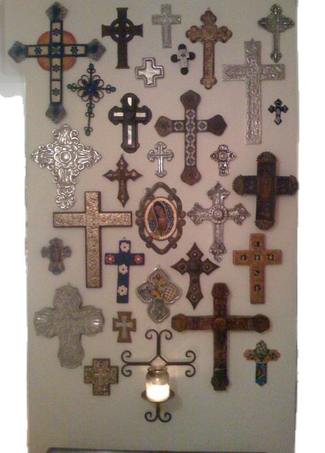 collection... Wall Of Crosses Ideas, Cross Wall Art, Catholic Decor, Flat Decor, Heaven Art, Cross Wall, Cross Wall Decor, Wall Cross, Goth Home Decor